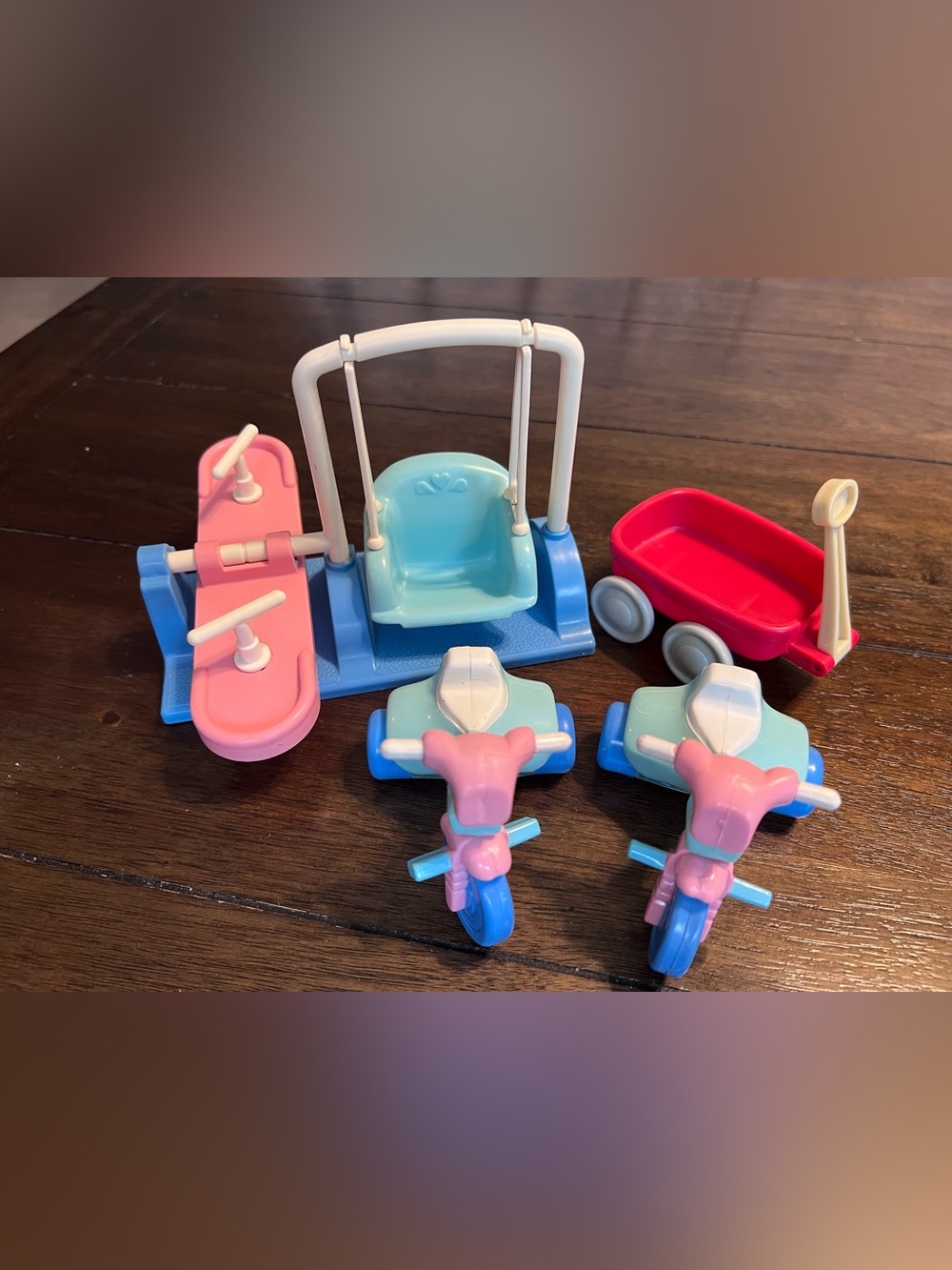 Vintage Fisher Price Loving Family Playground Swingset Tricycles Wagon Lot